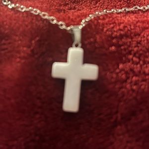 Hand Crafted White Stone Crystal Cross on Chain Homemade Necklace Home Made